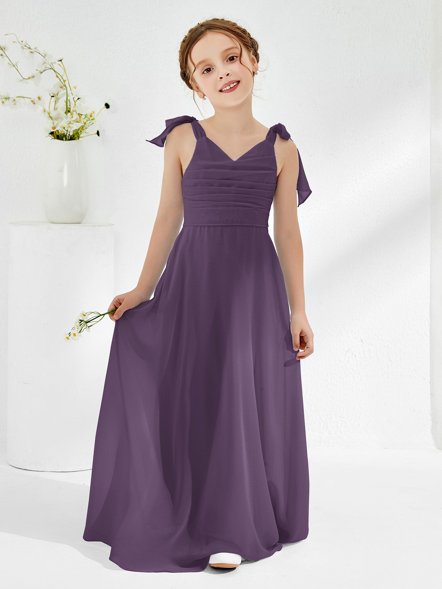V-neck Chiffon Ruched Junior Bridesmaid Dresses Plum